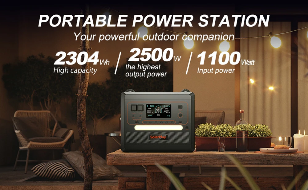 SolarPlay Q2402M Portable Power Station, 2304Wh 2500W LiFePO4 Battery, 1100W Input Power, 12 Output, Full Charge in 1.5H