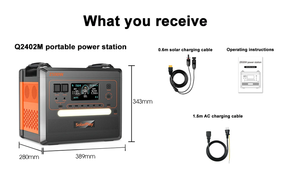 SolarPlay Q2402M Portable Power Station, 2304Wh 2500W LiFePO4 Battery, 1100W Input Power, 12 Output, Full Charge in 1.5H