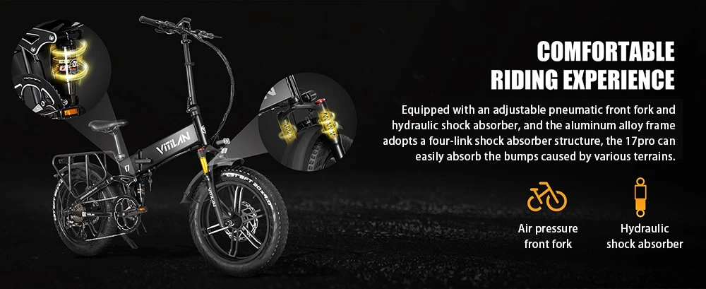 Vitilan I7 Pro 3.0 Electric Bike, 750W Motor, 48V 20Ah Battery, 20*4.0-inch Fat Tire, 45km/h Max Speed, 110km Max Range, Hydraulic Disc Brake, Hydraulic Suspension Rear Shock, Air Suspension Front Fork, Shimano 8 Speed - Black