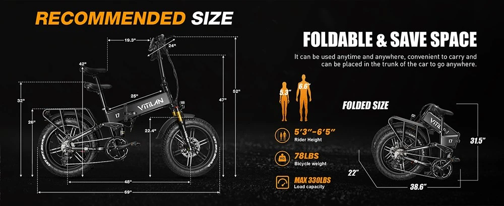 Vitilan I7 Pro 3.0 Electric Bike, 750W Motor, 48V 20Ah Battery, 20*4.0-inch Fat Tire, 45km/h Max Speed, 110km Max Range, Hydraulic Disc Brake, Hydraulic Suspension Rear Shock, Air Suspension Front Fork, Shimano 8 Speed - Black