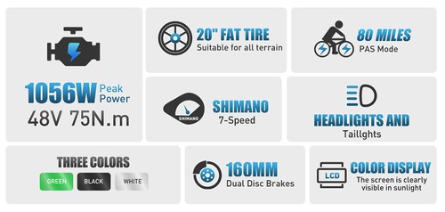 Vitilan U3 elektrinis dviratis, 750 W variklis, 48V 13AH baterija, 20*4,0 colių padangos, 45 km/h maksimalus greitis, 65 km maksimalus atstumas, mechaninis diskinis stabdys, pakaba priekinė šakė, Shimano 7 greičių, LCD ekranas – baltas