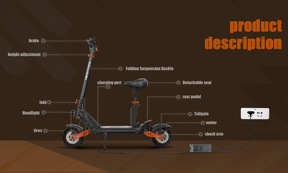 Trottinette électrique KuKirin G2 Max Pneus tout-terrain de 10 pouces Moteur 1000 W Vitesse maximale de 55 km/h Batterie 48 V 20 Ah Autonomie de 80 km Charge maximale de 120 kg Siège amovible Hauteur réglable