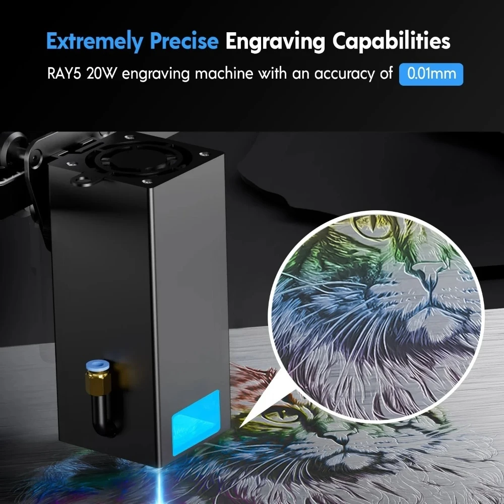 Graveur laser LONGER RAY5 20 W, mise au point fixe, point laser 0,08 x 0,1 mm, écran tactile couleur, chipset 32 bits, prise en charge de la connexion APP, zone de travail 375 x 375 mm