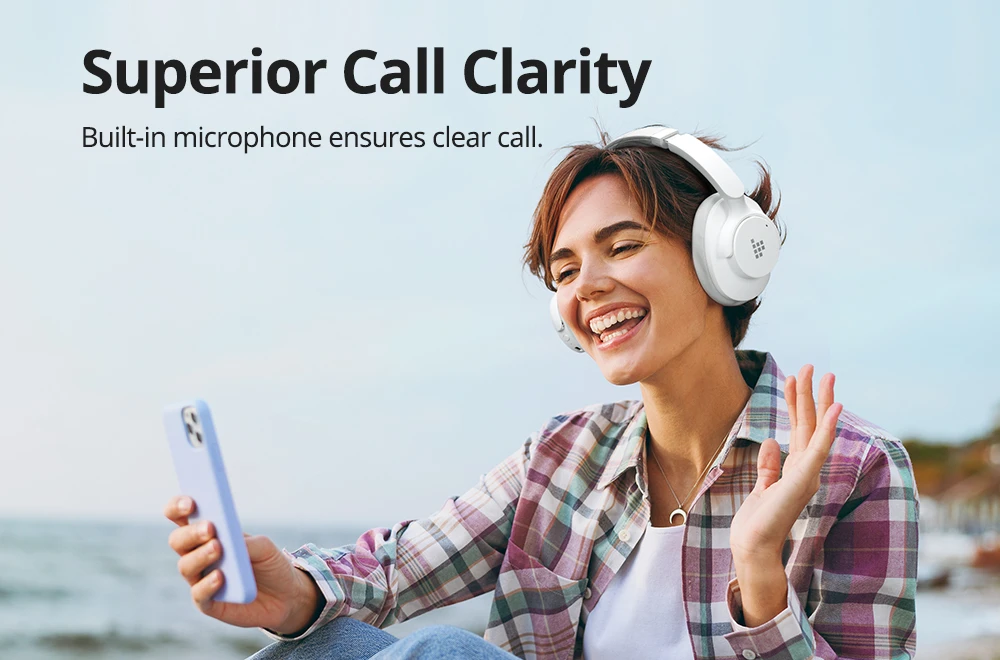 Căști Bluetooth Tronsmart Sounfii Q20 ANC, autonomie de 50 de ore, căști pivotante la 90°, pereche cu 2 dispozitive, control aplicație Tronsmart, microfon încorporat pentru apeluri clare, anulare activă a zgomotului - alb