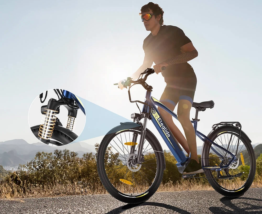 Vélo de randonnée Eleglide C1 27,5 pouces avec moteur à entraînement central Ananda 250 W, batterie 14,5 Ah, autonomie maximale de 150 km, suspension hydraulique et freins à disque hydrauliques Shimano 7 vitesses - Bleu