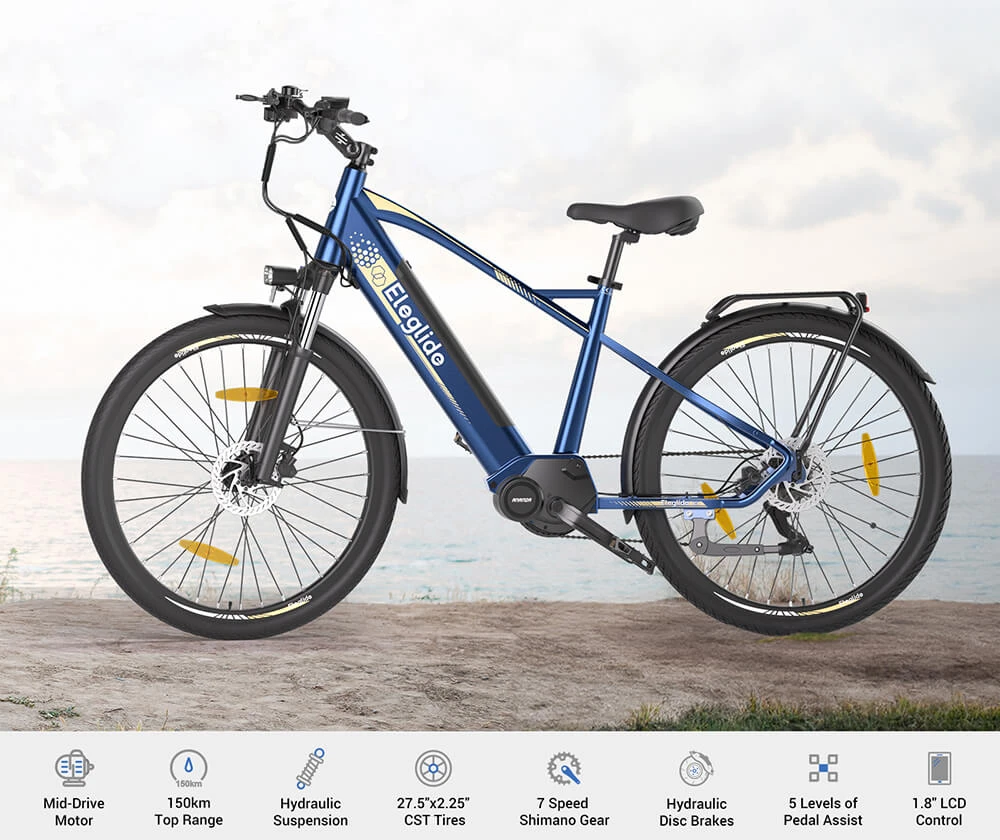 Vélo de randonnée Eleglide C1 27,5 pouces avec moteur à entraînement central Ananda 250 W, batterie 14,5 Ah, autonomie maximale de 150 km, suspension hydraulique et freins à disque hydrauliques Shimano 7 vitesses - Bleu