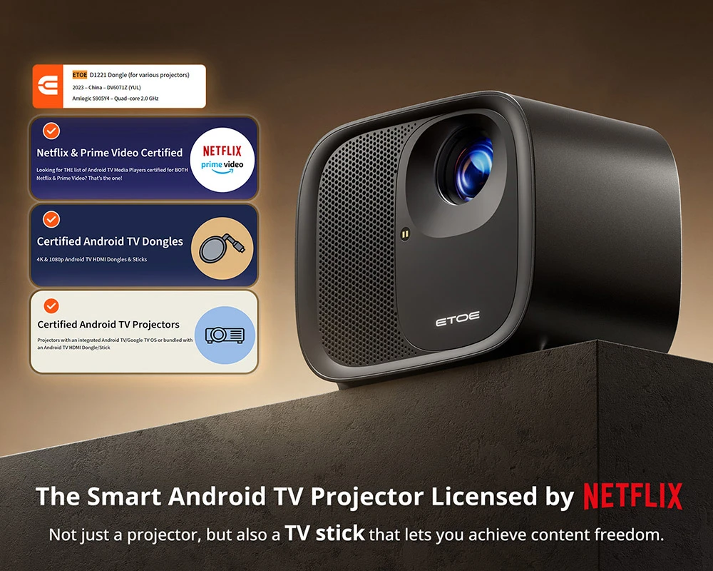 [Netflix & Android TV Certified]  ETOE E3 Pro Projector, Android TV 11.0, Dolby Digital Plus, Native 1080P, 600 ANSI Lumens, Amlogic S905, 2GB+16GB, 5G WiFi, 4K Decoding, Auto Focus & Keystone Correction, Play Store Pre-installed, Google Assistant