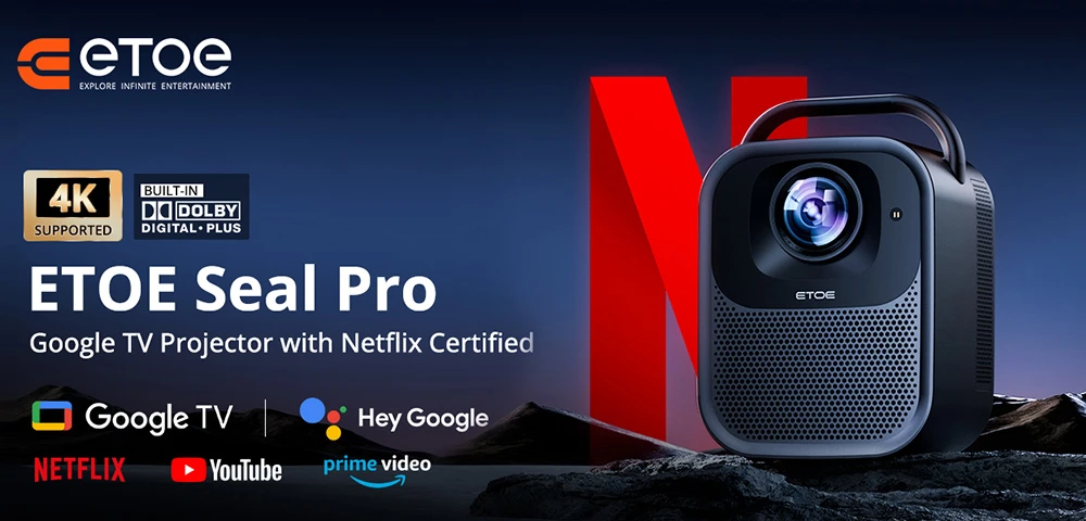 [Netflix & Google TV Certified] ETOE Seal Pro 1000 ANSI LCD Projector, Native 1080P, Dolby Audio Certified, Auto Focus. Auto Keystone Correction, 2*10W Speakers, Built-in Chromecast, Google Assistant