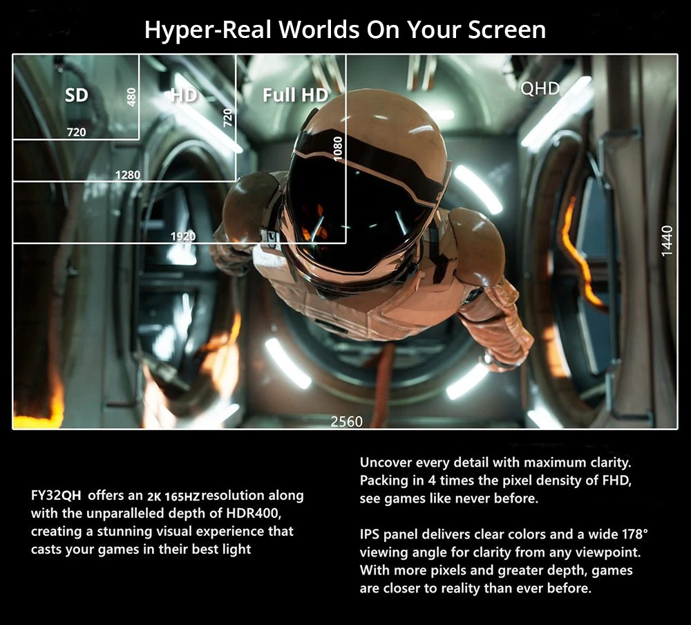 FYHXele FY32QH 32-inch Monitor, 2560*1440 WQHD 16:9 IPS Screen, 165Hz Refresh Rate, 1ms (MPRT) Response Time, 100% sRGB, 3000:1 Contrast, FreeSync & G-Sync Compatible, HDR 400, Low Blue Light, 2*DP1.4, 2*HDMI 2.1, 1*Audio