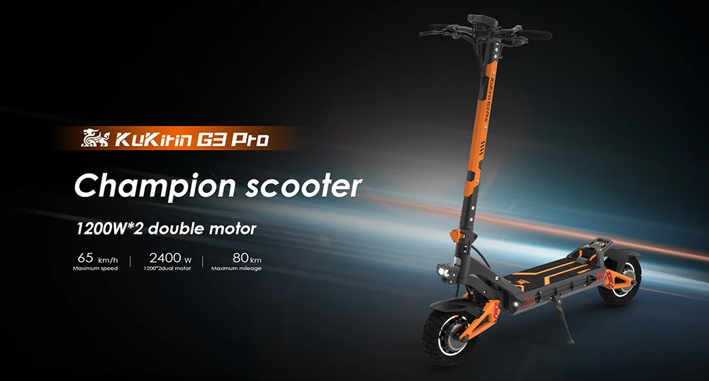 KuKirin G3 Pro 2024 Version 1200W*2 Motor Off-Road Electric Scooter 10 Inch Tire 52V 23.2Ah Removable Battery 80km range 65km/h Max Speed Dual Hydraulic Shock Absorber system IP54 Waterproof Dual Hydraulic Brake