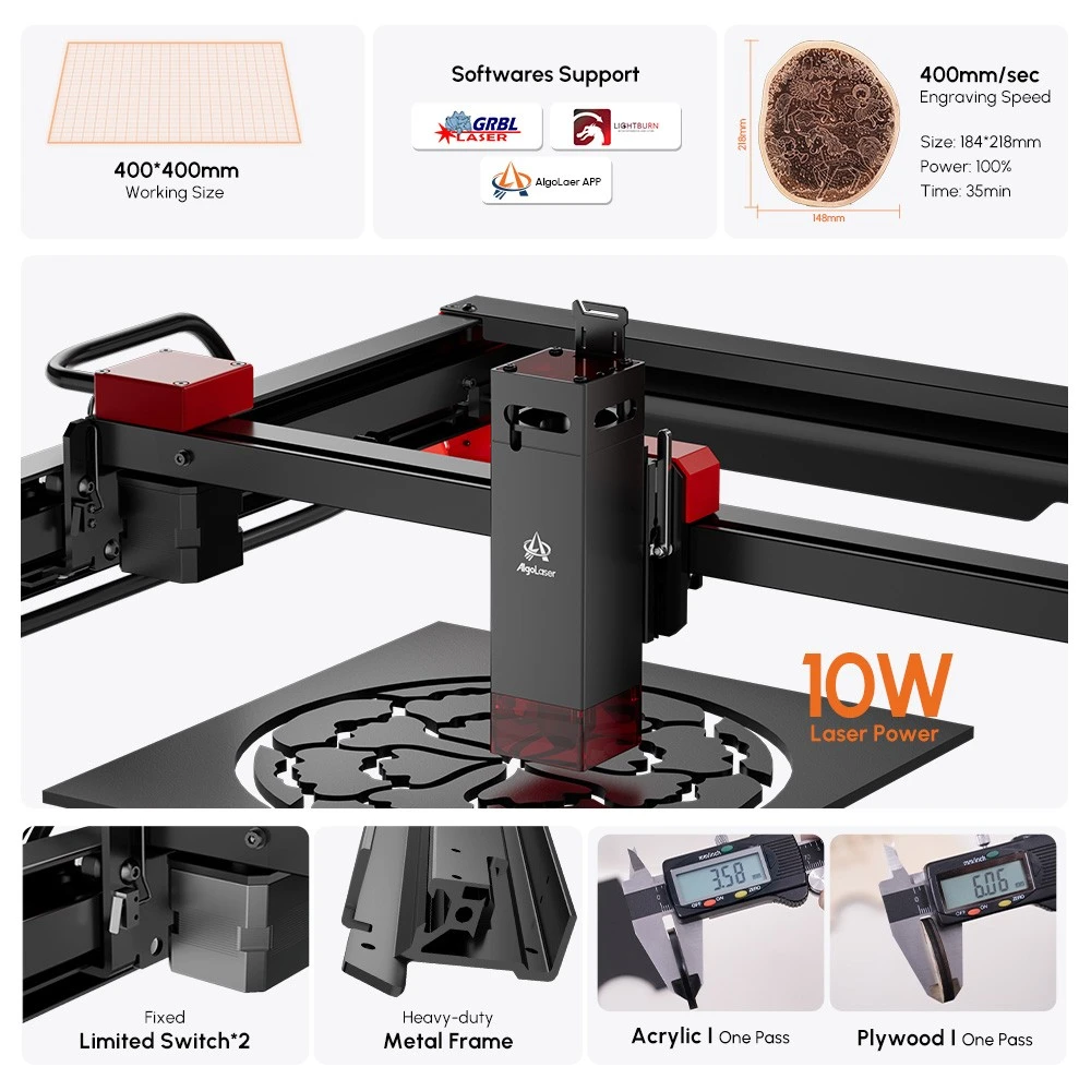 AlgoLaser Alpha 10W Laser Engraver, 400mm/s Engraving Speed, 400*400mm (157.5*157.5inch)