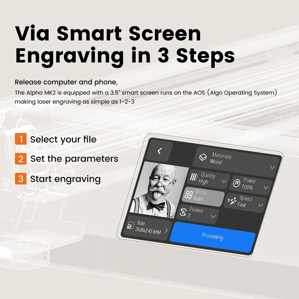 AlgoLaser Alpha MK2 20W Laser Engraver, with Air Pump, Smart Touch Screen, 20,000mm/min, 400*410mm (157.5*161.4inch)