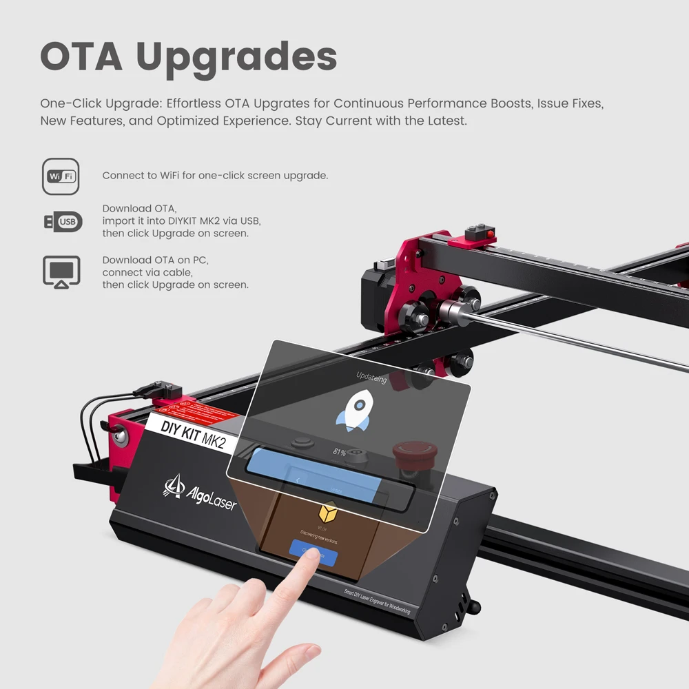 AlgoLaser DIY KIT MK2 Graveur laser 10 W, pompe à air, processeur double cœur, écran tactile 3,5 pouces, précision 0,01 mm, vitesse de gravure 12 000 mm/min, 400 x 435 mm (157,5 x 171,3 pouces)