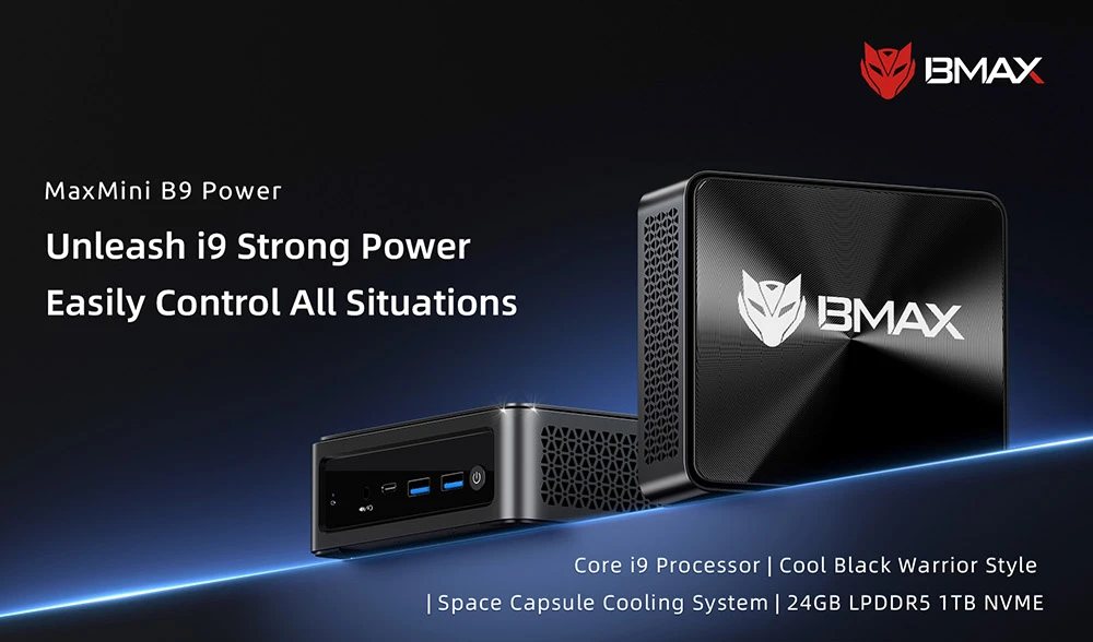 BMAX B9 Power Mini PC, Intel Core i9-12900H 14 Cores Max 5.0GHz, 24GB LPDDR5 RAM 1TB SSD, DP+HDMI+Type-C 4K Triple Display, Support Dynamic HDR, WiFi 6 Bluetooth 5.2, 2*USB 3.2 2*USB 2.0 1*RJ45 1*3.5mm Headset Jack, Space Capsule Cooling System