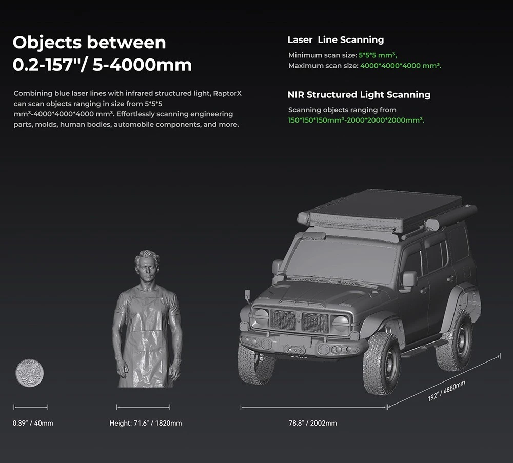 Creality RaptorX 3D Scanner, Wireless Hybrid 41-line Blue Laser & NIR, Objects Between 5-4000mm, Wireless Handle, 0.02mm Accuracy