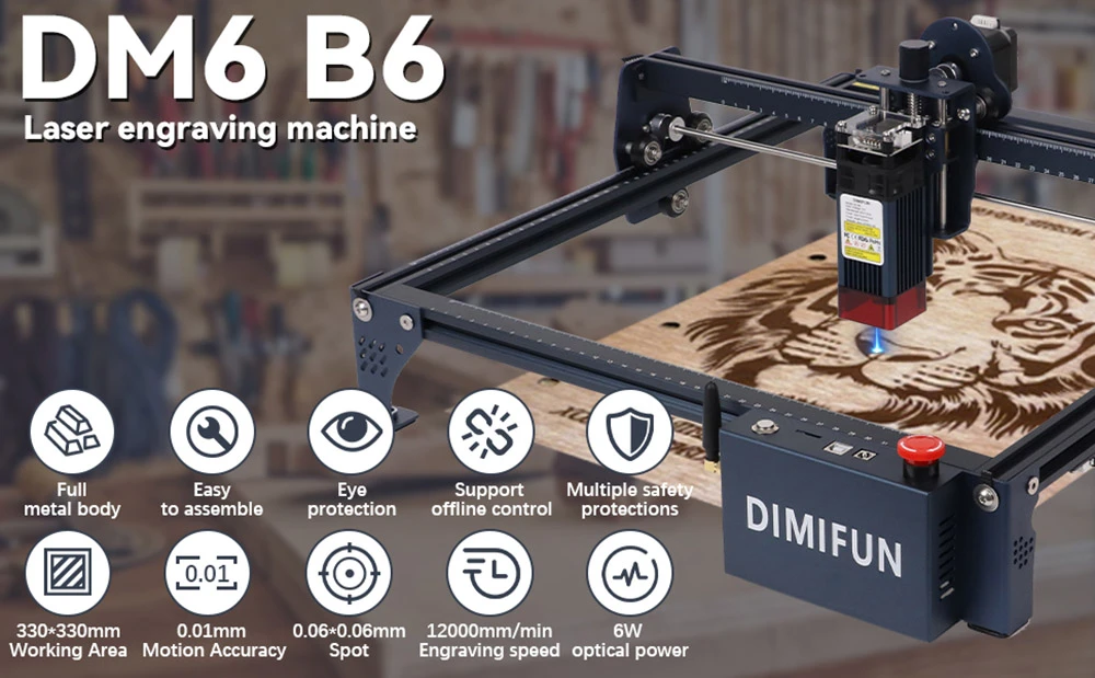 DIMIFUN DM6 B6 6W Laser Engraving Machine, Eye Protection, 0.01mm Accuracy, 0.06mm Spot, 12000mm/min Speed, 330*330mm