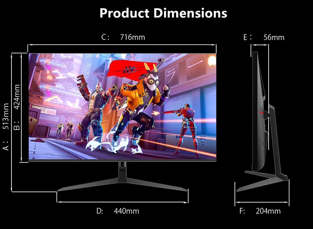 FYHXele FY32QH 32-inch Monitor, 2560*1440 WQHD 16:9 IPS Screen, 165Hz Refresh Rate, 1ms (MPRT) Response Time, 100% sRGB, 3000:1 Contrast, FreeSync & G-Sync Compatible, HDR 400, Low Blue Light, 2*DP1.4 2*HDMI 2.1 1*Audio