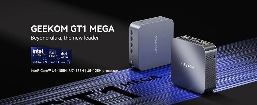 GEEKOM GT1 Mega AI Mini PC, Intel Core Ultra U7-155H 16 Cores Up to 4.9GHz, 32GB DDR5 RAM 1TB SSD, 2 *USB4.0 (8K)+2*HDMI 2.0 (4K) 4 Screens Display, WiFi7 Bluetooth5.4, 5*USB3.2 1*USB2.0 2*RJ45 1*SD Card 1*Headphone Jack, IceBlast 2.0 Cooling System