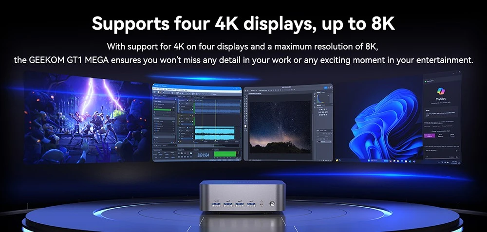 GEEKOM GT1 Mega AI Mini PC, Intel Core Ultra U7-155H 16 Cores Up to 4.9GHz, 32GB DDR5 RAM 1TB SSD, 2 *USB4.0 (8K)+2*HDMI 2.0 (4K) 4 Screens Display, WiFi7 Bluetooth5.4, 5*USB3.2 1*USB2.0 2*RJ45 1*SD Card 1*Headphone Jack, IceBlast 2.0 Cooling System