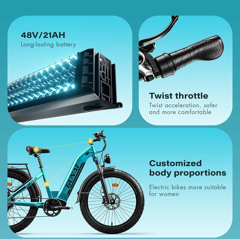 GUNAI-V Electric Bike, 1000W Motor, 48V 21Ah Battery, 26*4.0 Inch Fat Tires, 50km/h Max Speed, 70km Range, Dual Hydraulic Disc Brakes, Shimano 7 Speed, LCD Display