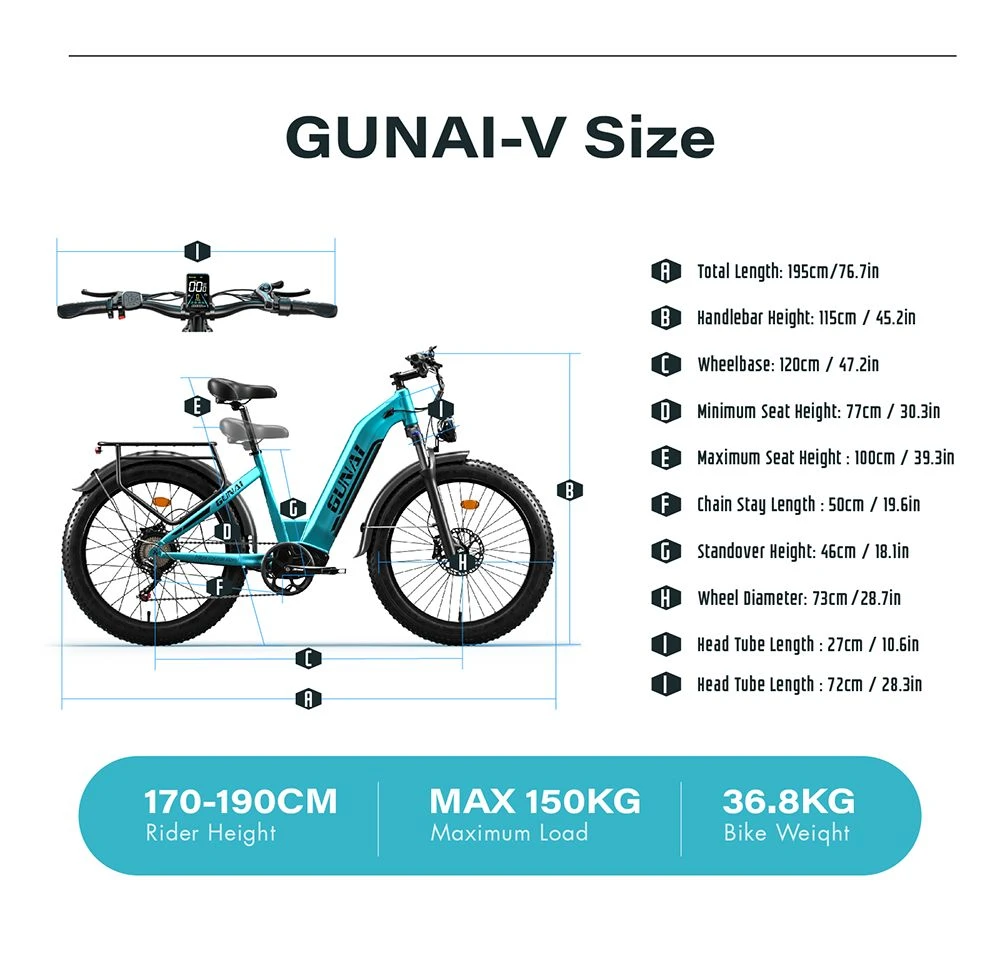 GUNAI-V Electric Bike, 1000W Motor, 48V 21Ah Battery, 26*4.0 Inch Fat Tires, 50km/h Max Speed, 70km Range, Dual Hydraulic Disc Brakes, Shimano 7 Speed, LCD Display