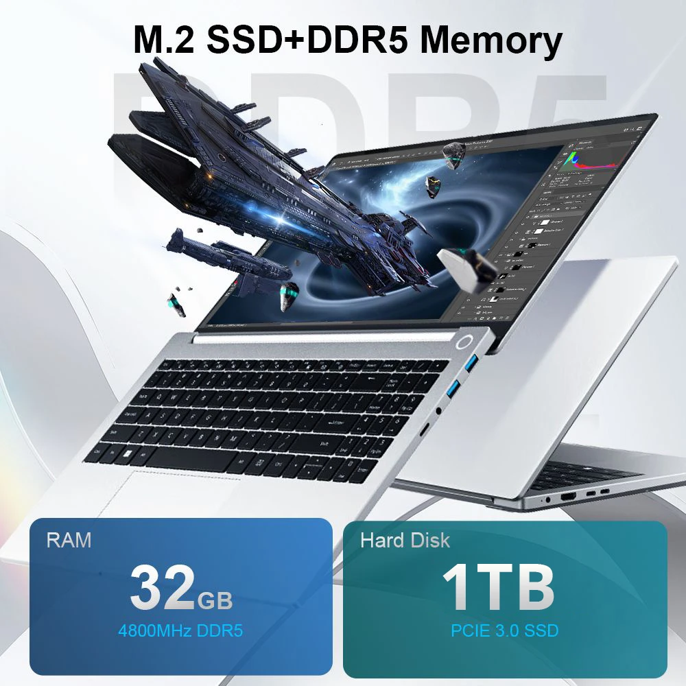 Ninkear A15 Pro Laptop, 15.6'' 1920*1080 IPS Screen,  AMD Ryzen 5 6600H 6 Cores Max 4.5GHz, 32GB RAM 1TB SSD, WiFi6 Bluetooth5.0, Backlit Keyboard, Fingerprint Unlock, 180° Opening and Closing, 2*Type-C, 1*USB2.0 1*USB3.0 1*HDMI 1*Headset 1*Micro SD