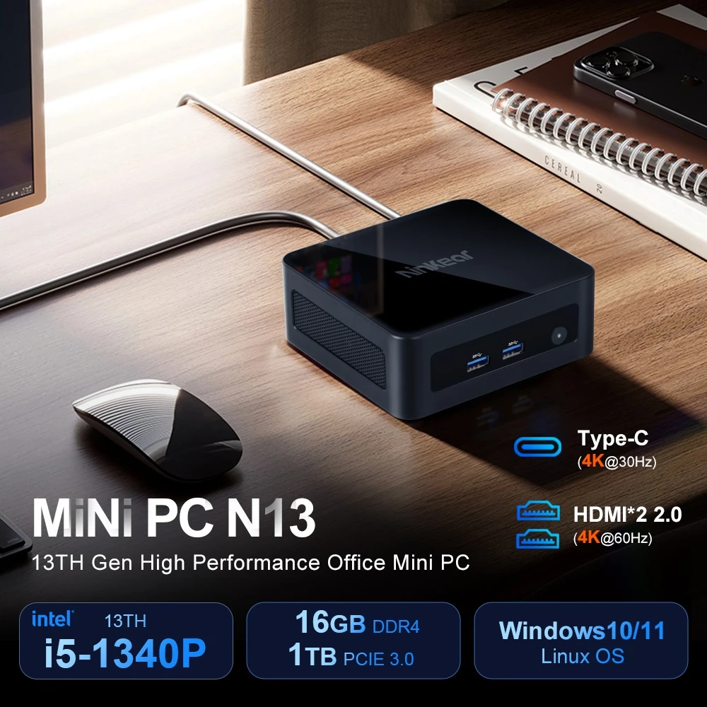 Ninkear N13 Mini PC, Intel i5-1340P 12 Cores Max 4.6GHz, 16GB RAM 1TB SSD, Type-C (4K)+ 2*HDMI (4K) Triple Display, WiFi 6 Bluetooth 5.2, 3*USB3.2 1*USB2.0 1*RJ45 1*Headphone Jack