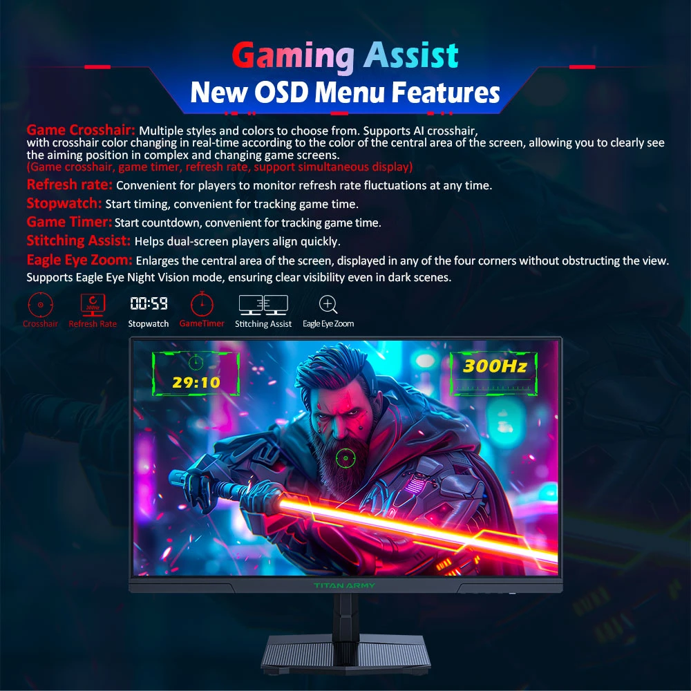 TITAN ARMY P2510HS Gaming Monitor, 24.5'' 1920*1080 CSOT Fast IPS Screen, 300Hz Refresh Rate, 1ms GTG Response Time, HDR400, 121% sRGB, Dynamic OD, Gaming Assist, 10 Scene Modes, PIP/PBP Display, Adjustable Tilt Stand, Wall Mounting