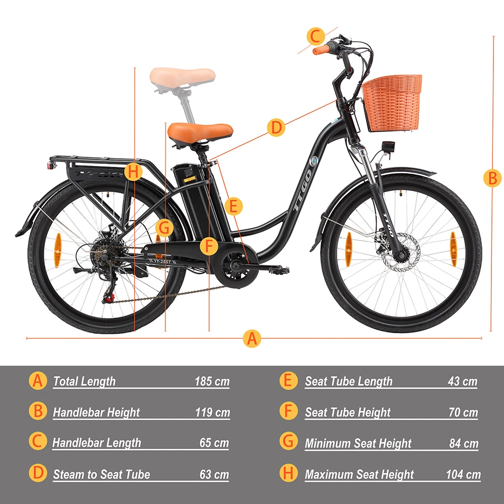 TTGO YY-26ST Electric Bike, 250W Motor, 36V 14.5AH Battery, 26*1.95-inch Tires, 25km/h Max Speed, 100km Max Range, Disc Brake, SHIMANO 6-speed, LED Display - Black