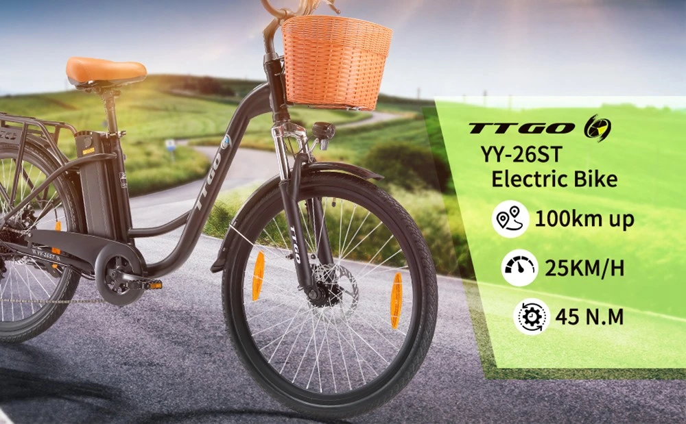 TTGO YY-26ST Electric Bike, 250W Motor, 36V 14.5AH Battery, 26*1.95-inch Tires, 25km/h Max Speed, 100km Max Range, Disc Brake, SHIMANO 6-speed, LED Display - White