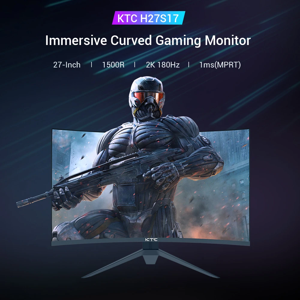 KTC H27S17 27-inch 1500R Curved Gaming Monitor QHD 2560x1440 16:9 ELED 170Hz 120% sRGB 4000:1 Contrast Ratio 1ms MPRT Response Time Low Motion Blur Compatible with FreeSync G-Sync USB 2xHDMI2.0 2xDP1.4 Audio Out VESA Mount