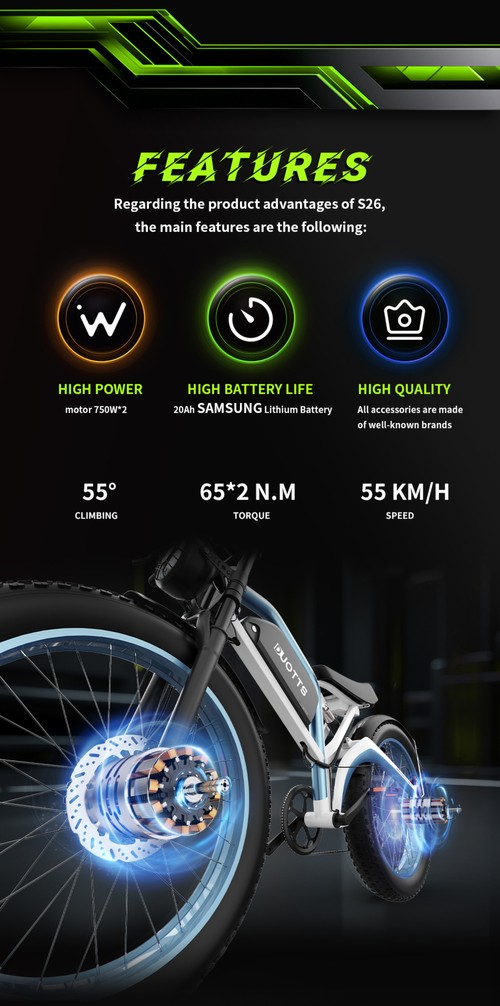 DUOTTS N26 Electric Bike, 750W*2 Motors, 55km/h Max Speed, 26*4.0