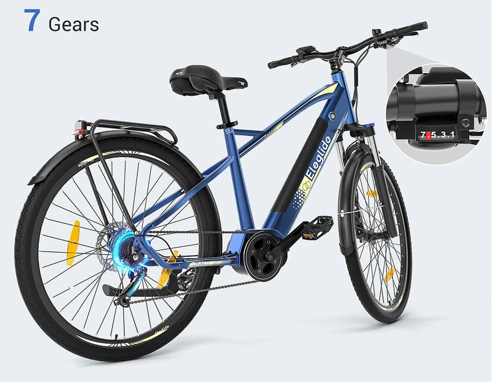 Vélo de randonnée Eleglide C1 27,5 pouces avec moteur à entraînement central Ananda 250 W, batterie 14,5 Ah, autonomie maximale de 150 km, suspension hydraulique et freins à disque hydrauliques Shimano 7 vitesses - Bleu