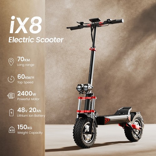 „iScooter iX8“ elektrinis paspirtukas, 2 x 1200 W varikliai, 48 V 20 Ah akumuliatorius, 12 colių padangos, maksimalus greitis 60 km/h, nuvažiuojamas atstumas 70 km, dvigubi hidrauliniai diskiniai stabdžiai, priekinė ir galinė pakaba