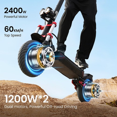 „iScooter iX8“ elektrinis paspirtukas, 2 x 1200 W varikliai, 48 V 20 Ah akumuliatorius, 12 colių padangos, maksimalus greitis 60 km/h, nuvažiuojamas atstumas 70 km, dvigubi hidrauliniai diskiniai stabdžiai, priekinė ir galinė pakaba