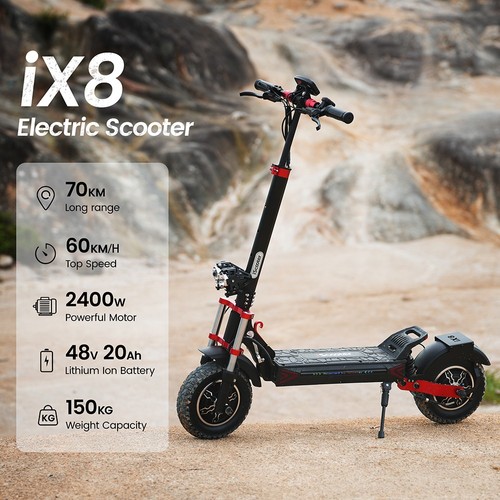 „iScooter iX8“ elektrinis paspirtukas, 2 x 1200 W varikliai, 48 V 20 Ah akumuliatorius, 12 colių padangos, maksimalus greitis 60 km/h, nuvažiuojamas atstumas 70 km, dvigubi hidrauliniai diskiniai stabdžiai, priekinė ir galinė pakaba