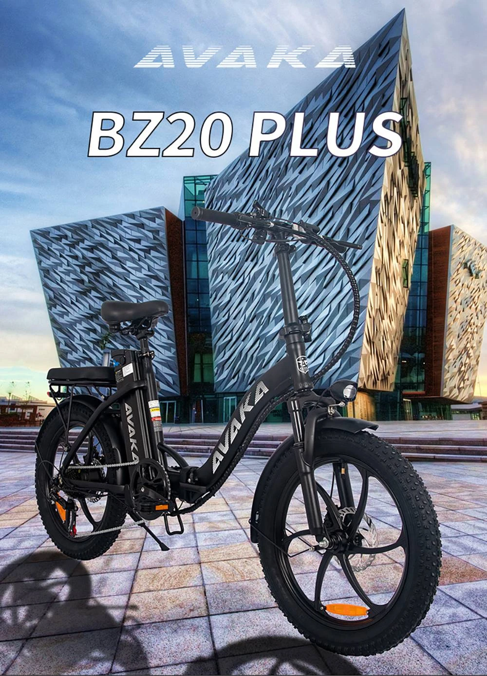 Vélo électrique pliable AVAKA BZ20 PLUS, pneus larges de 20 x 3 pouces, moteur sans balais de 500 W, vitesse maximale de 25 km/h, batterie 48 V 18,2 Ah, autonomie de 100 km, charge maximale de 120 kg, double frein à disque, transmission Shimano 7 vitesses, étanchéité IP54, écran LCD, roue monobloc - Noir
