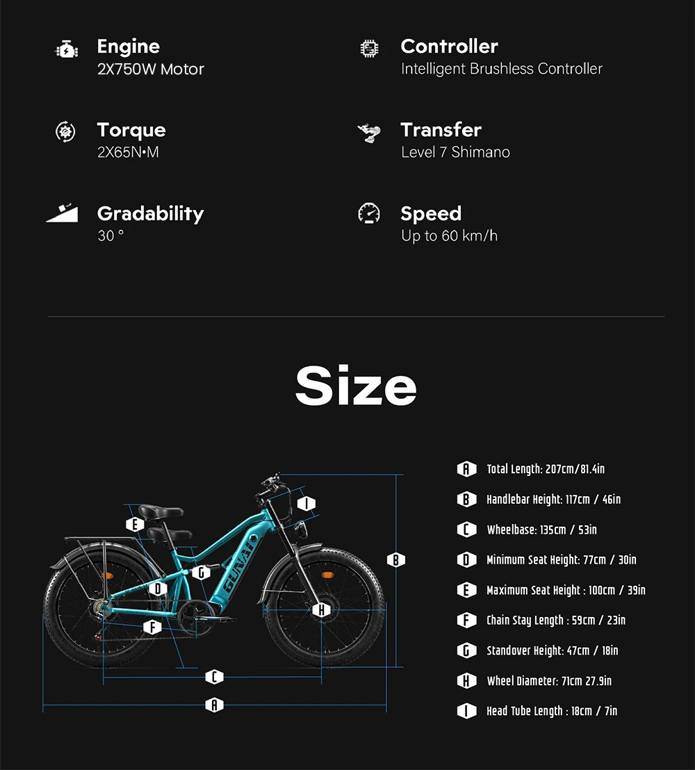 GUNAI-M2 Electric Bike, 2*750W Motor, 48V 17.5AH Battery, 26*4.0 Inch Tires, 60km/h Max Speed, 55km Range, Hydraulic Disc Brake, Dual Suspension, Shimano 7-Speed