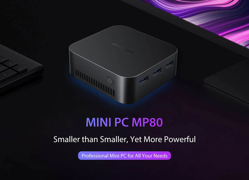 Blackview MP80 Mini PC, Intel N95 4 Cores Up to 3.4GHz, 16GB LPDDR5 RAM 512GB SSD, 3*HDMI Triple Screen Display, 2.4/5GHz Dual-band WiFi Bluetooth 4.2, 3*USB 3.0, 2*RJ45, 1*3.5mm HP/MIC TRRS