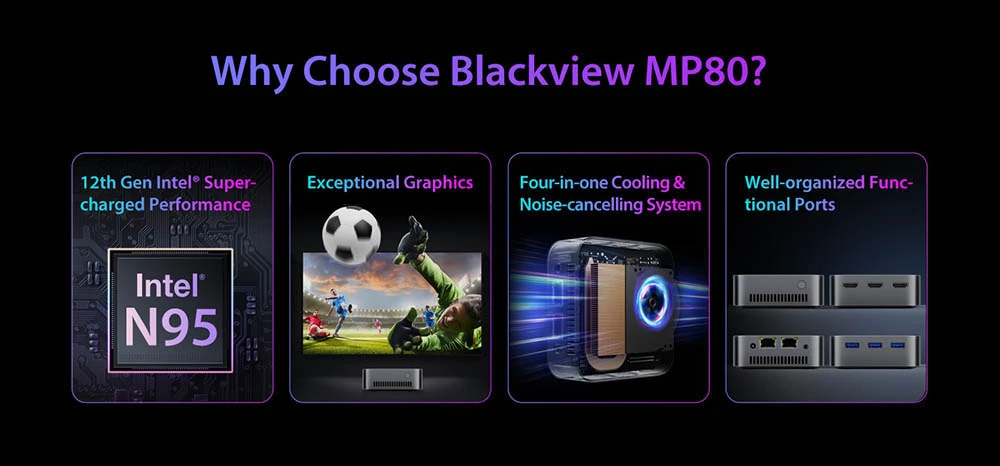 Blackview MP80 Mini PC, Intel N95 4 Cores Up to 3.4GHz, 16GB LPDDR5 RAM 512GB SSD, 3*HDMI Triple Screen Display, 2.4/5GHz Dual-band WiFi Bluetooth 4.2, 3*USB 3.0, 2*RJ45, 1*3.5mm HP/MIC TRRS