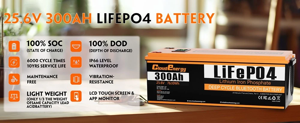 Pack de batterie de secours Cloudenergy 24 V 300 Ah LiFePO4, énergie 7 680 Wh, plus de 6 000 cycles, BMS 200 A intégré, écran LCD, prise en charge en série/parallèle, remplacement de la plupart des alimentations de secours, camping-car, bateaux, solaire, moteur de pêche à la traîne, hors réseau
