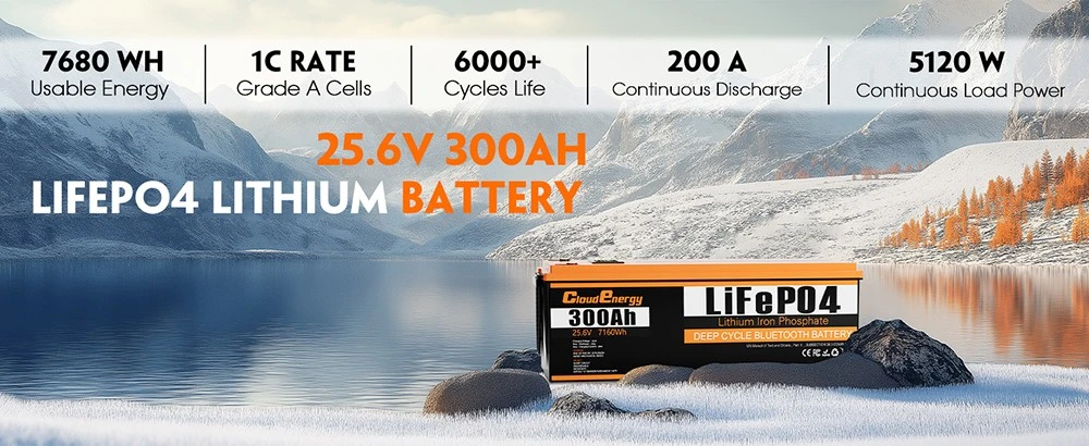 Pack de batterie de secours Cloudenergy 24 V 300 Ah LiFePO4, énergie 7 680 Wh, plus de 6 000 cycles, BMS 200 A intégré, écran LCD, prise en charge en série/parallèle, remplacement de la plupart des alimentations de secours, camping-car, bateaux, solaire, moteur de pêche à la traîne, hors réseau