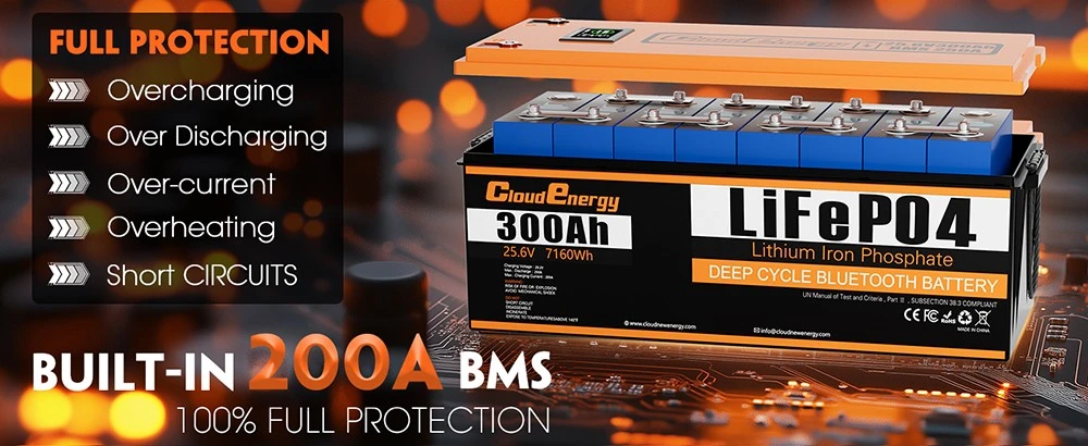 Pack de batterie de secours Cloudenergy 24 V 300 Ah LiFePO4, énergie 7 680 Wh, plus de 6 000 cycles, BMS 200 A intégré, écran LCD, prise en charge en série/parallèle, remplacement de la plupart des alimentations de secours, camping-car, bateaux, solaire, moteur de pêche à la traîne, hors réseau