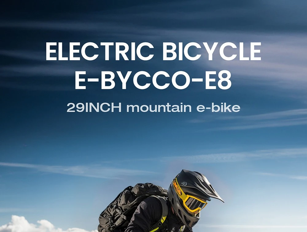 E·Bycco E8 Elcykel, 750W Motor, 48V 17.5Ah Batteri, 29-tums Däck, 48 km/h Maxhastighet, 105 km Räckvidd, Mekanisk Skivbroms, Fjädrande Framgaffel, Shimano 21-växlad, LCD-Display