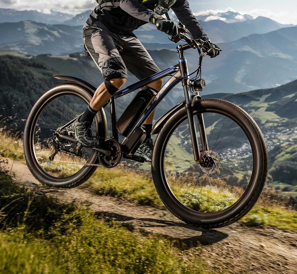 E·Bycco E8 Elcykel, 750W Motor, 48V 17.5Ah Batteri, 29-tums Däck, 48 km/h Maxhastighet, 105 km Räckvidd, Mekanisk Skivbroms, Fjädrande Framgaffel, Shimano 21-växlad, LCD-Display