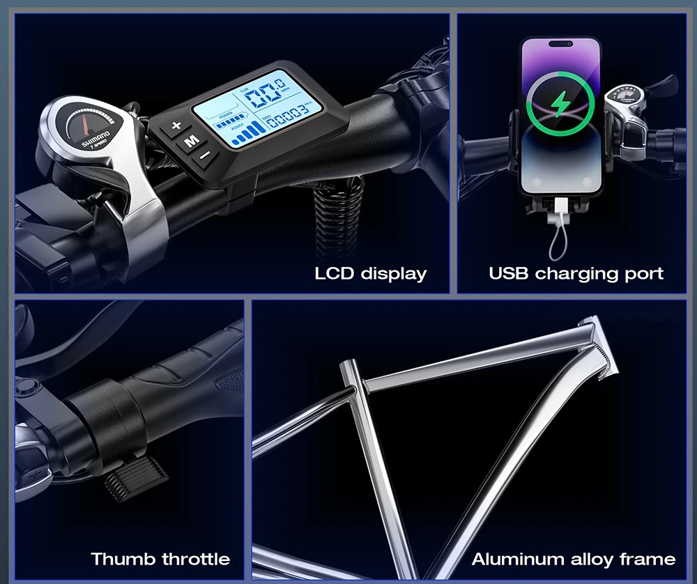 E·Bycco E8 Elcykel, 750W Motor, 48V 17.5Ah Batteri, 29-tums Däck, 48 km/h Maxhastighet, 105 km Räckvidd, Mekanisk Skivbroms, Fjädrande Framgaffel, Shimano 21-växlad, LCD-Display