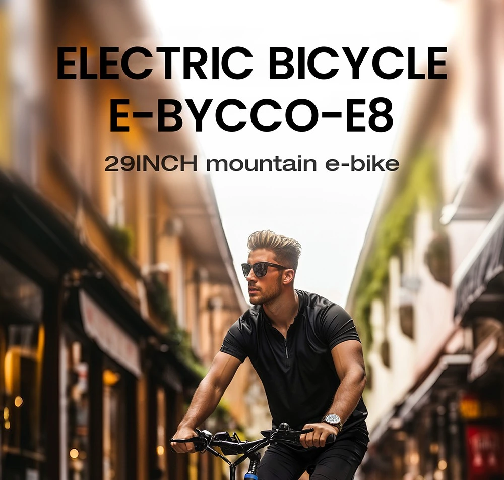 E·Bycco E8 Elcykel, 750W Motor, 48V 17.5Ah Batteri, 29-tums Däck, 48 km/h Maxhastighet, 105 km Räckvidd, Mekanisk Skivbroms, Fjädrande Framgaffel, Shimano 21-växlad, LCD-Display
