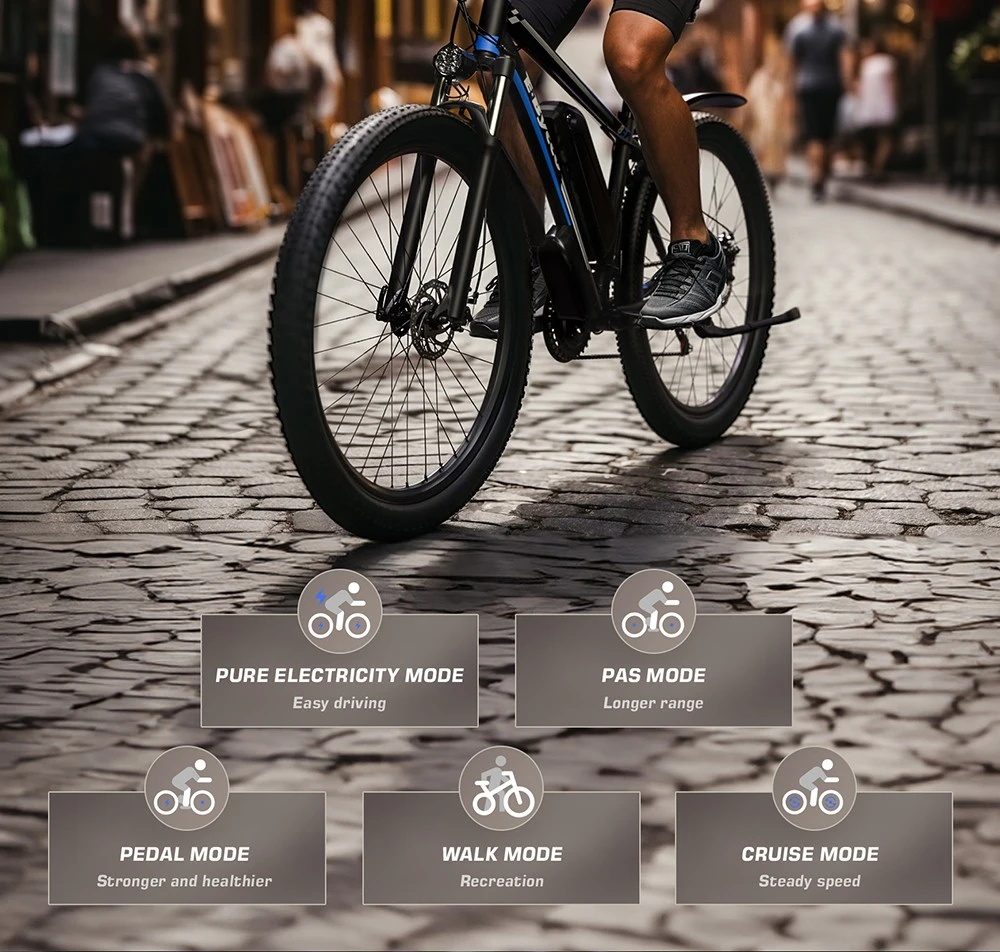 E·Bycco E8 Elcykel, 750W Motor, 48V 17.5Ah Batteri, 29-tums Däck, 48 km/h Maxhastighet, 105 km Räckvidd, Mekanisk Skivbroms, Fjädrande Framgaffel, Shimano 21-växlad, LCD-Display