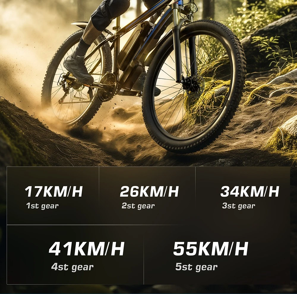 E·Bycco E8 Elcykel, 750W Motor, 48V 17.5Ah Batteri, 29-tums Däck, 48 km/h Maxhastighet, 105 km Räckvidd, Mekanisk Skivbroms, Fjädrande Framgaffel, Shimano 21-växlad, LCD-Display