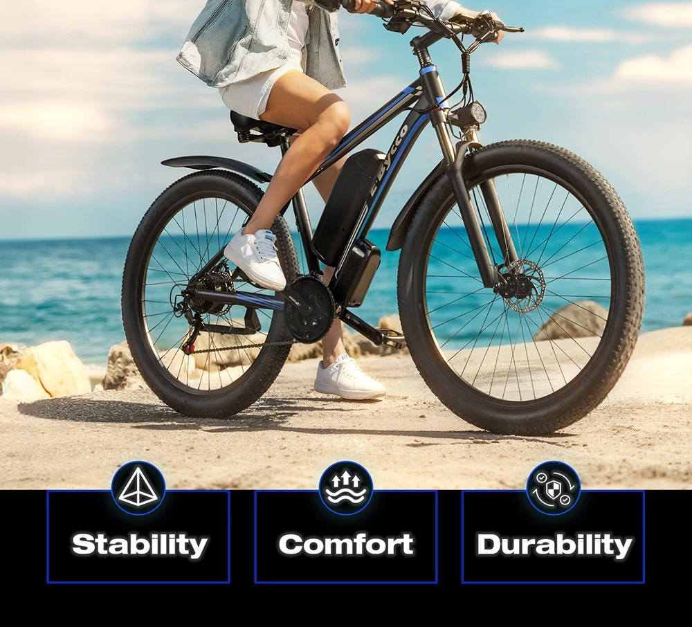 E·Bycco E8 Elcykel, 750W Motor, 48V 17.5Ah Batteri, 29-tums Däck, 48 km/h Maxhastighet, 105 km Räckvidd, Mekanisk Skivbroms, Fjädrande Framgaffel, Shimano 21-växlad, LCD-Display